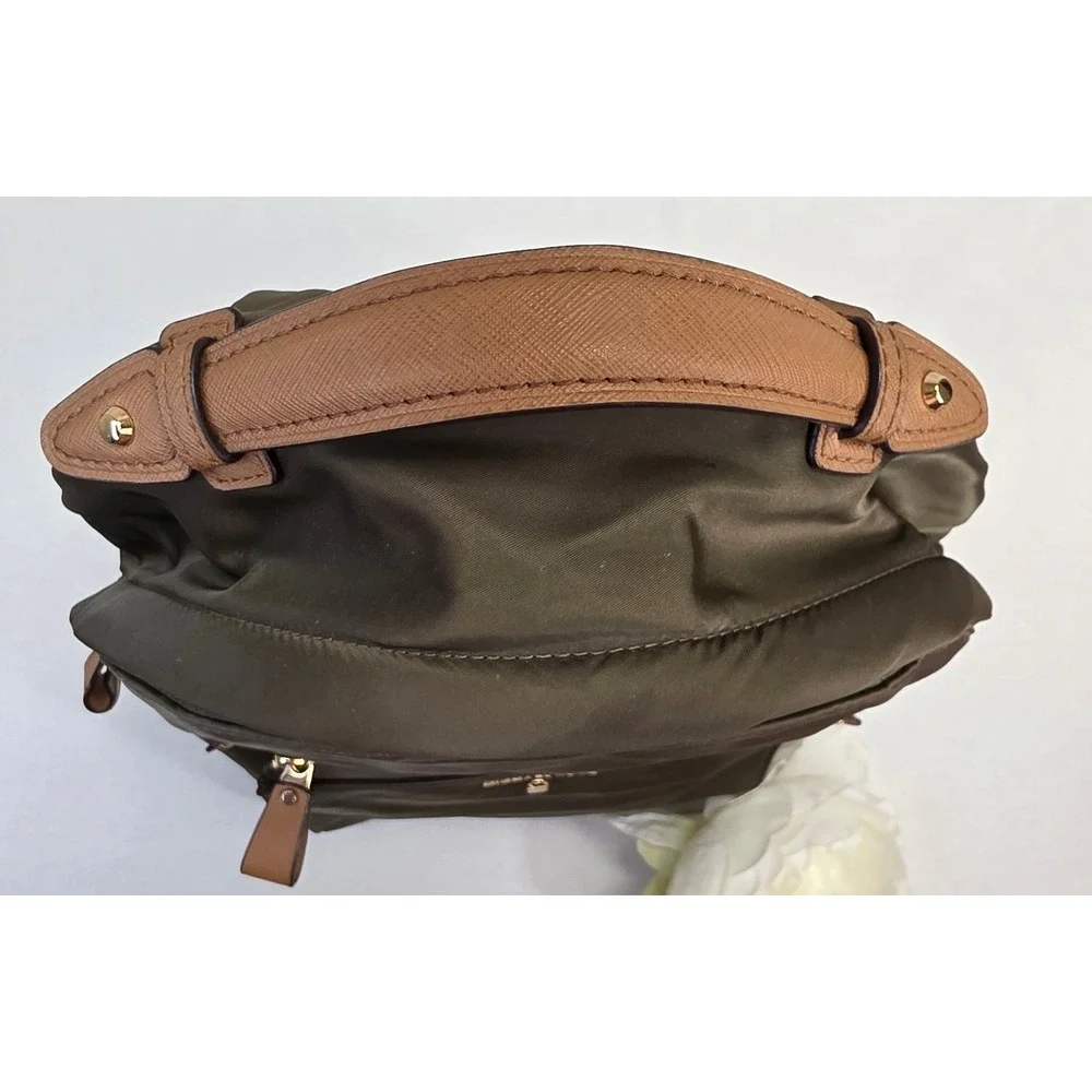 Michael Kors Olive Green Nylon Backpack with Tan Leather Trim and Gold Hardware - Picture 13 of 16